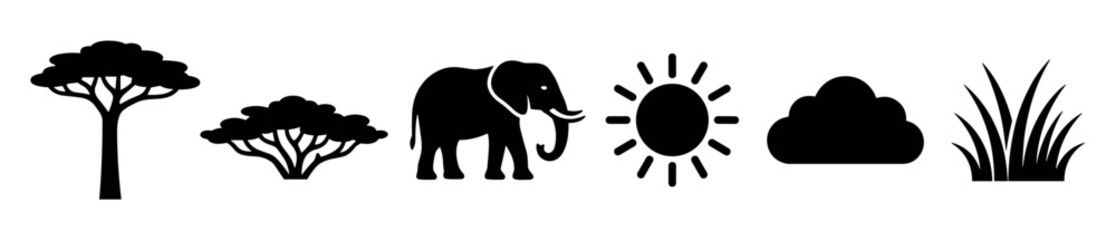 Fototapeta premium Various black silhouette icons depicting African safari elements including trees, an elephant, sun, cloud, and grass