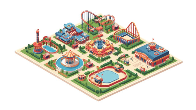 Isometric Amusement Park Illustration with Roller Coasters, Water Rides and Carnival Attractions Isolated on White
