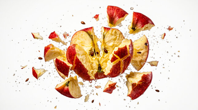 Exploding red apple with seeds and water splashes on white background.