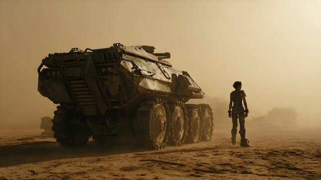 Dusty Desert Encounter with Armored Tank and Solo Warrior Woman in Sci-Fi Post-Apocalyptic Scene Mad Max Style