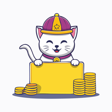 Lucky Cat with Coins and Blank Sign