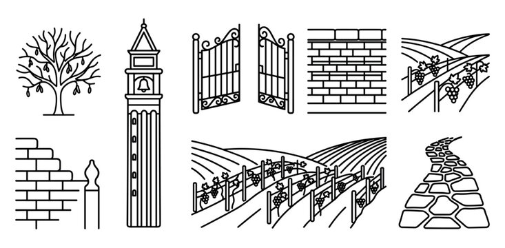 Collection of various simple black outline icons depicting Italian-themed elements like a bell tower, olive tree, and vineyard