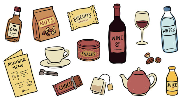 Various hand-drawn minibar items, including beverages, snacks, and a menu, arranged neatly with a playful, illustrative style