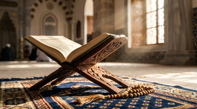 Open holy book quran on rehal with prayer beads under dramatic light in a mosque, symbolizing islamic devotion and sacred reading