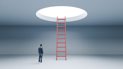 Man looking at a ladder reaching up to a ceiling hole glowing with bright light, escape, breakthrough and climbing to next level concept, 3d render © BPawesome