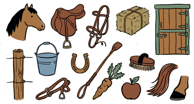 Various equestrian accessories and horse-related items are charmingly illustrated in a rustic, hand-drawn style with warm colors