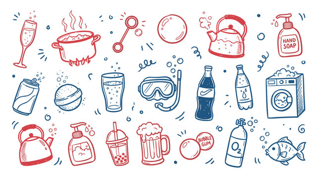 Various hand-drawn doodle icons in red and blue depicting objects related to liquids and bubbles, presented in a whimsical style