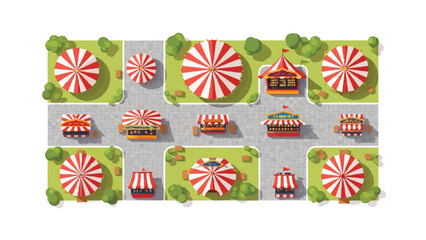 Fototapeta premium Aerial Top View of a Carnival Fairground with Red and White Striped Circus Tents, Kiosks, and Game Booths - Flat Illustration Style