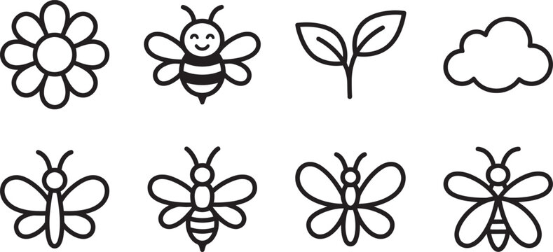 Black line icons of bees, insects, flower, leaf and cloud