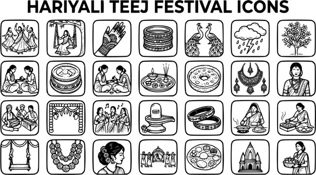 Hariyali Teej Festival Icons: Black and White Line Art Vector Collection