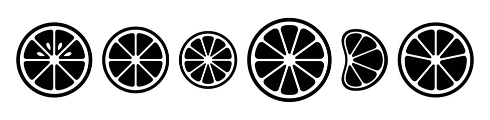 Fototapeta premium Collection of six black and white citrus fruit slices and segments in various sizes and orientations