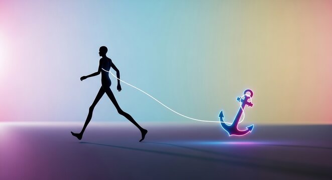 Stylized Human Silhouette Walking While Dragging Neon Anchor on Colorful Gradient Background