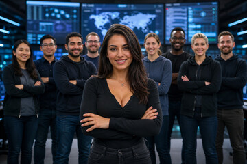 Fototapeta premium Diverse cybersecurity team standing in futuristic security operations center with confident female analyst in foreground, IT security engineers and network analysts, enterprise cybersecurity workplace