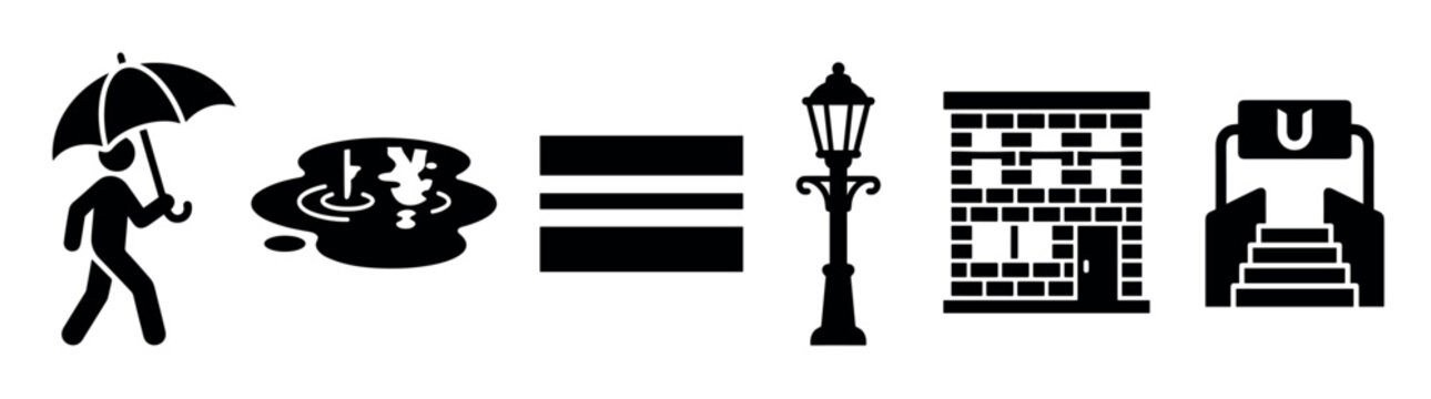 Black silhouette icons representing a person with an umbrella, a puddle, a street lamp, a brick building, and a subway entrance