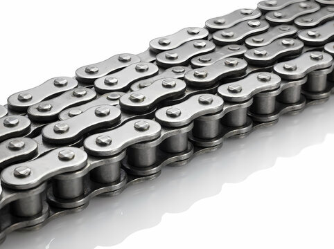 Industrial Steel Roller Chains Close-Up on White Background