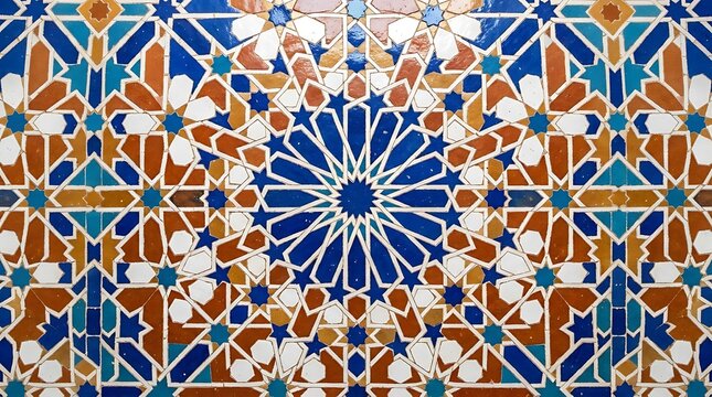 Traditional moroccan zellige tilework with intricate geometric star patterns in blue, orange, and white