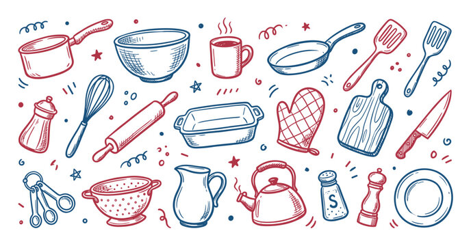 Many hand-drawn kitchen utensils and cooking tools are scattered across a clean white surface, featuring a charming doodle style