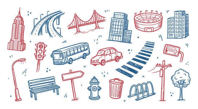 Various hand-drawn city elements including buildings, vehicles, and street infrastructure are scattered across a white surface in a playful doodle style