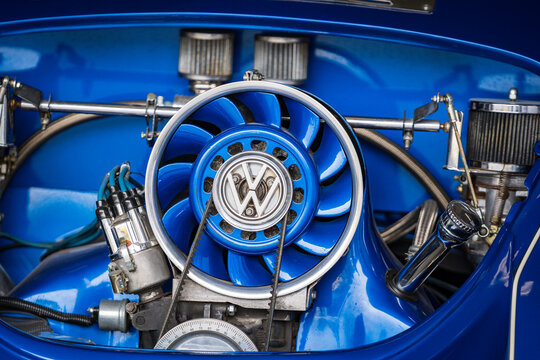 Brno, Czech Republic - May 14, 2026: Detail of the engine of a classic German car Volkswagen Beetle in blue color. Renovated old engine.