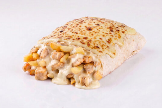 French tacos chicken and french fries fromage sauce wrap tortilla with mozzarella cheese high level