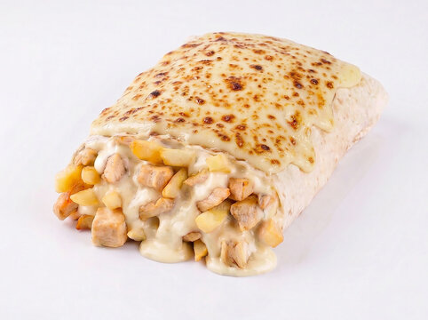 French tacos chicken and french fries fromage sauce wrap tortilla with mozzarella cheese too high level