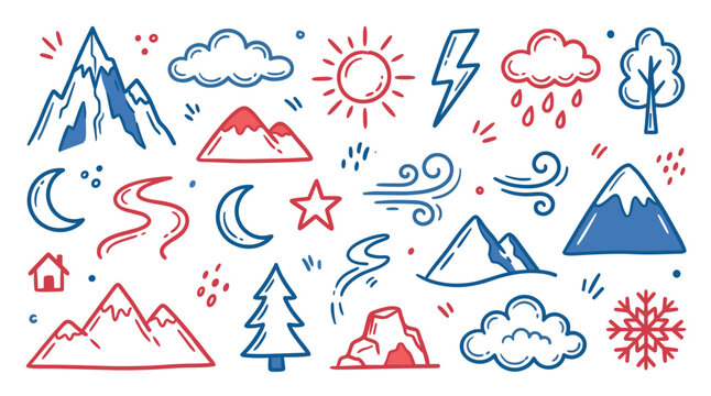 Various hand-drawn nature and weather icons in a playful doodle style, featuring mountains, sun, clouds, and trees