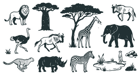 Obraz premium Various hand-drawn African safari animals and trees are depicted in a charming, rustic illustration style with dark silhouettes