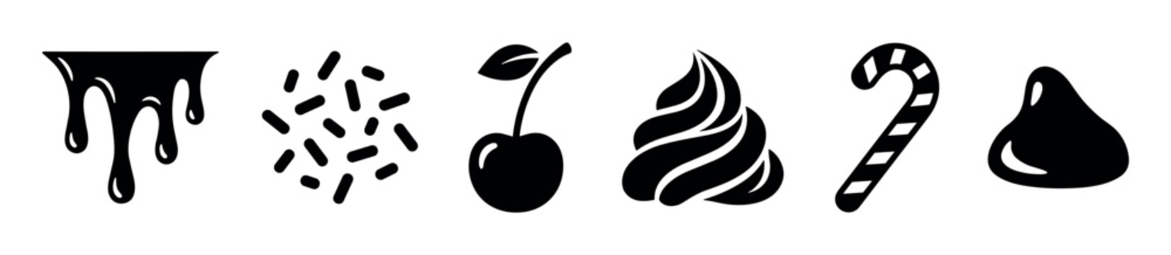 Various black dessert topping and candy icons are neatly arranged in a row, featuring a clean, minimalist graphic style