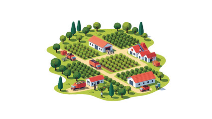 Fototapeta premium Isometric Agricultural Farm Layout with Fruit Orchards, Barns, Trucks, and Workers. Modern Vector Illustration of Rural Harvest and Food Production Industry.