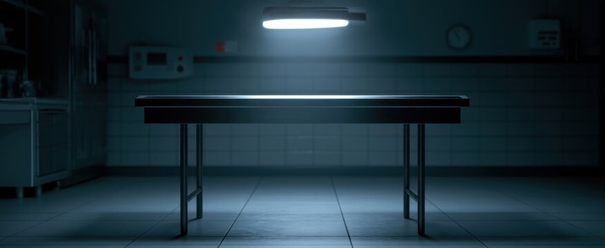 Vacant Aluminum Examination Table Lit In Dim Forensic Lab