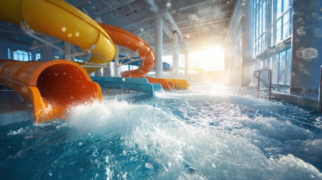 Indoor Water Park with Colorful Water Slides and Splashing Water Pool