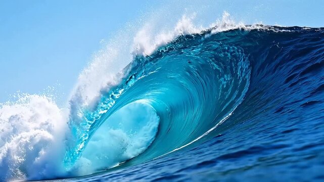 Large ocean wave curling with white foam