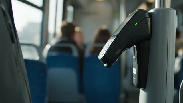Passenger Using Smartphone NFC Technology for Contactless Payment on a Public Transport Bus Validator