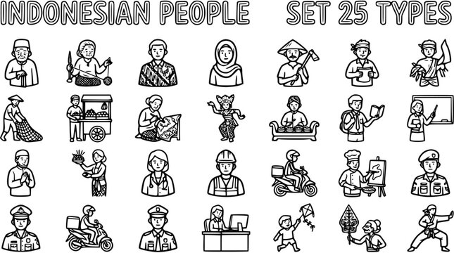 Set 25 Types Indonesian People Icons: Diverse Professions, Traditional Culture, and Lifestyles in Hand-Drawn Black  White Line Art Doodle Style.