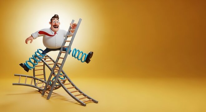Cheerful Cartoon Businessman Balancing on Ladders with Spring Legs on Yellow Background