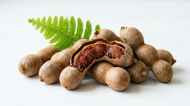 Tamarind fruits with green leaf on white surface, isolated on white background