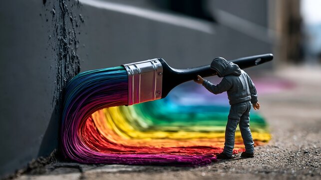 Person malt leuchtenden Regenbogen mit Pinsel aus dunkler Wand