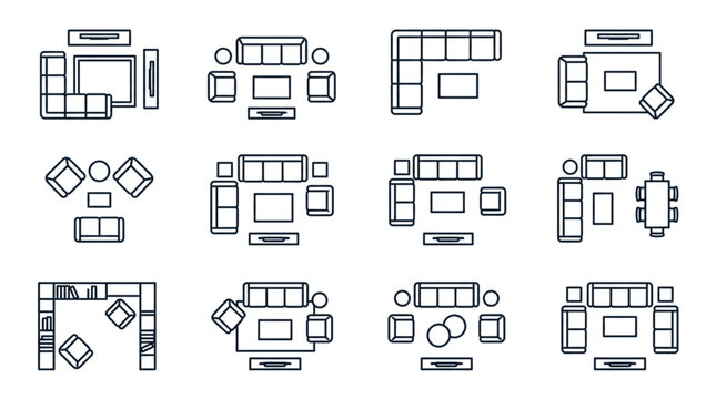 Top Down View Of Various Living Room Furniture Layouts.
