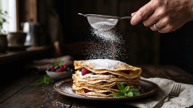 Hand squeezes lime on street food with powdered sugar being sprinkled on top