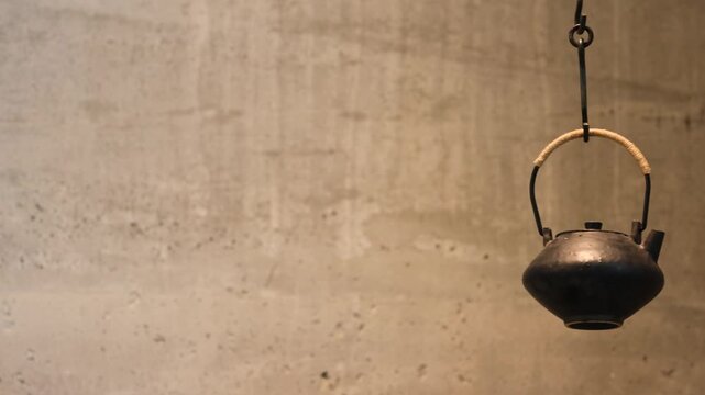 Black cast iron kettle hanging by metal handle on a hook in warm light. Rustic historical style object used for fire heating and traditional cooking against a concrete wall background