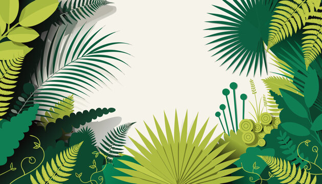 Very beautiful tropical 3D paper cut composition featuring layered palm leaves, exotic rainforest plants, and lush botanical borders with elegant green foliage on a clean background for luxury jungle 