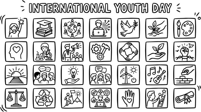 International Youth Day Icons - Black  White Line Art Celebrating Youth Activities and Global Issues