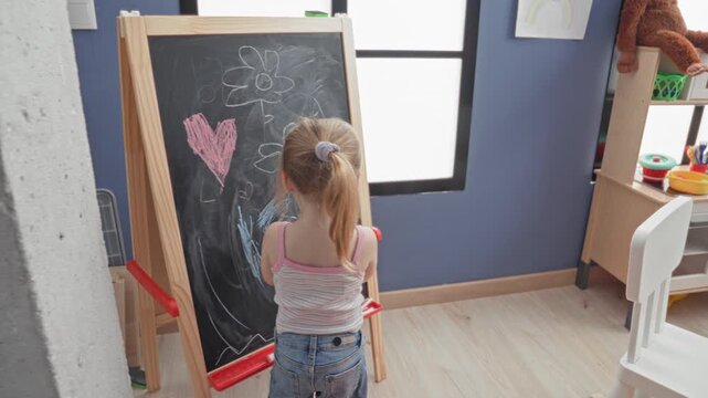 Girl drawing a pink heart and flower on a chalkboard easel, bare back visible as she sketches at a studio; playful creativity.