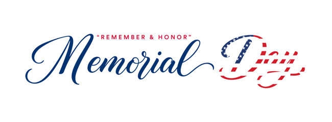 Happy memorial day typography with patriotic stars and elegant red-blue lettering isolated on a white background for USA remembrance and honor celebration design. © trendystore 