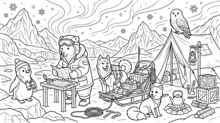 Arctic expedition coloring page vector, polar bear explorer with husky dog and penguin, winter mountain landscape with northern lights and tent © Ch