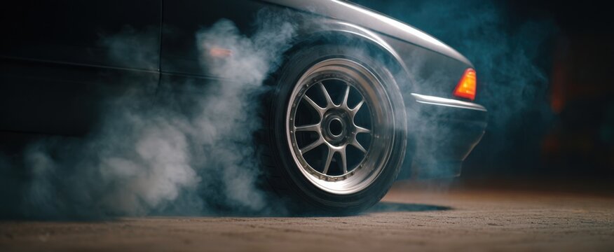 Gray tire smoke swirls dramatically from spinning wheels on the pavement evoking thrill.