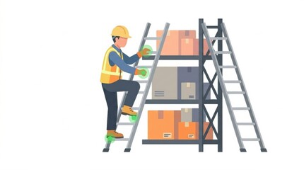 Fototapeta premium A worker uses a ladder to climb and access storage boxes in a warehouse for logistics tasks. Safety gear is worn to ensure protection.