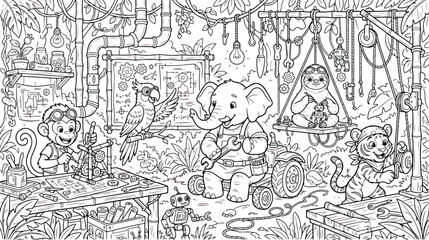 Intricate coloring page of jungle animals in a workshop, cute elephant and monkey mechanics building robots, detailed line art for kids activity © Ch