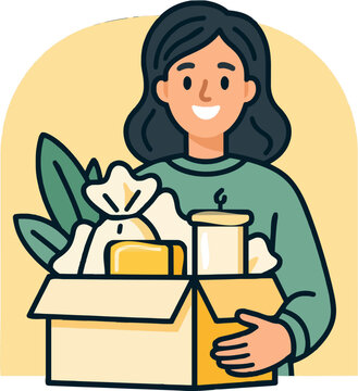 A person opens a sustainable subscription box filled with eco-friendly tissue paper, soap, and candle, exuding joy against a warm peach, sage, and cream background