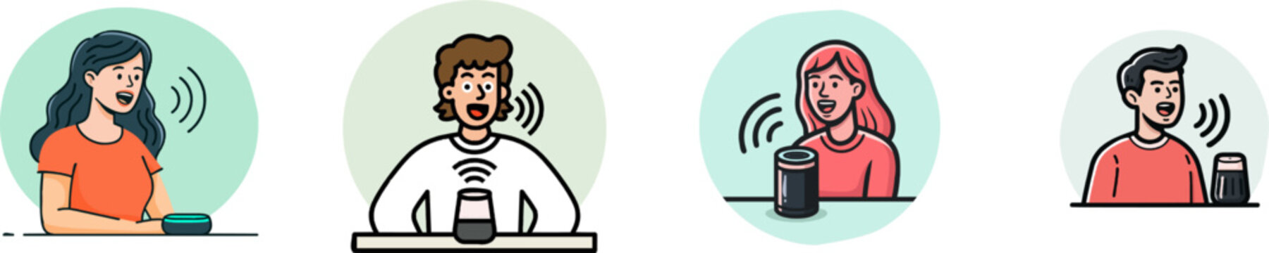 A woman in an orange shirt sits at a table with a smart speaker, her face animated as sound waves emanate from the device